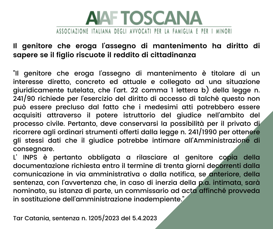 Rassegna giurisprudenziale: Il genitore che eroga l'assegno di mantenimento ha diritto di sapere se il figlio riscuote il reddito di cittadinanza